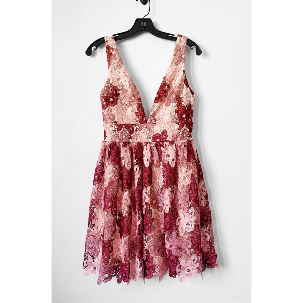 Pink Floral Lace V-Neck Fit & Flare Dress - Picture 3 of 8